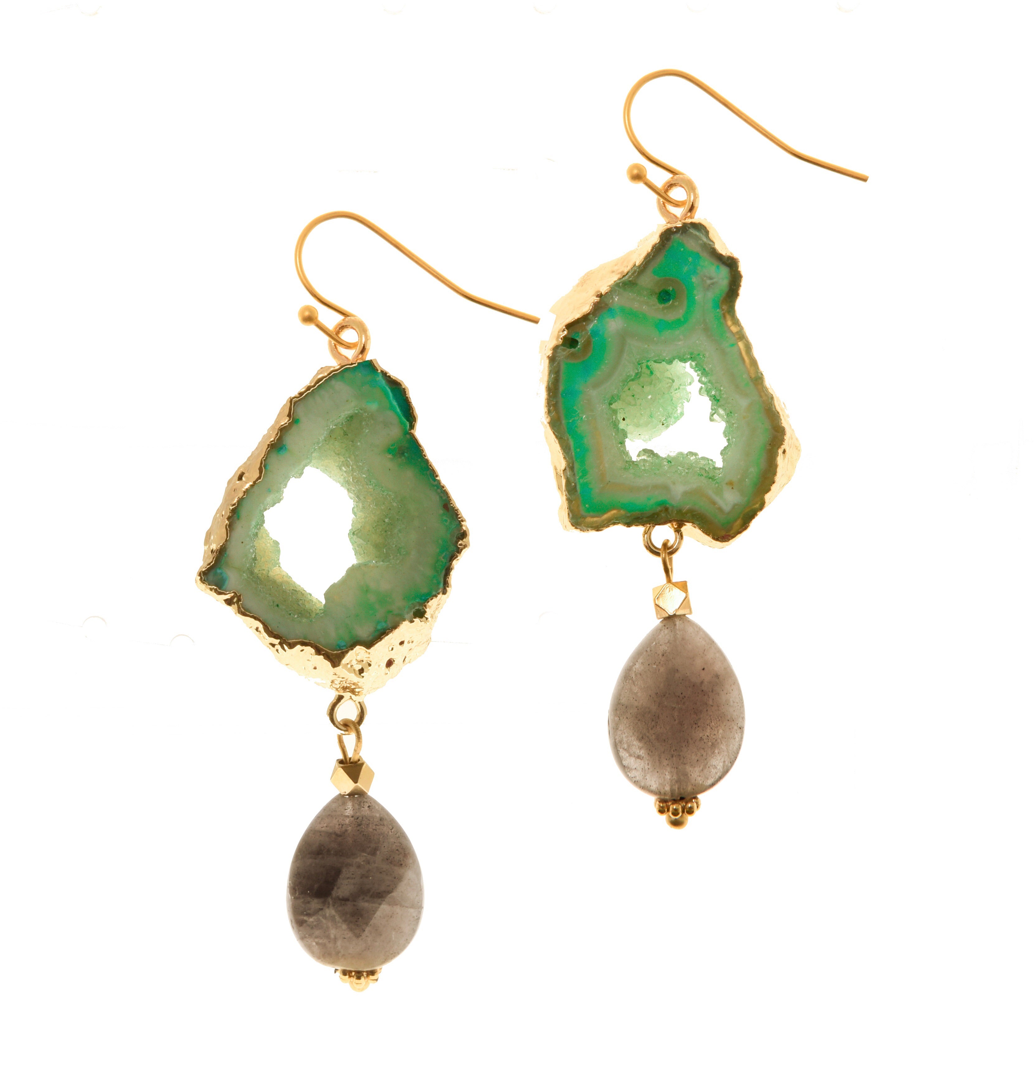 Aria-V Cameo earrings, handcrafted with teardrop faceted labradorite and mint green geode slices electroplated in gold