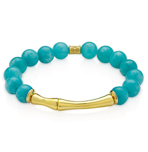Aria-V Blue Lagoon bracelet handcrafted in Ireland with polished aqua blue jade and 24k gold plated bamboo connector.