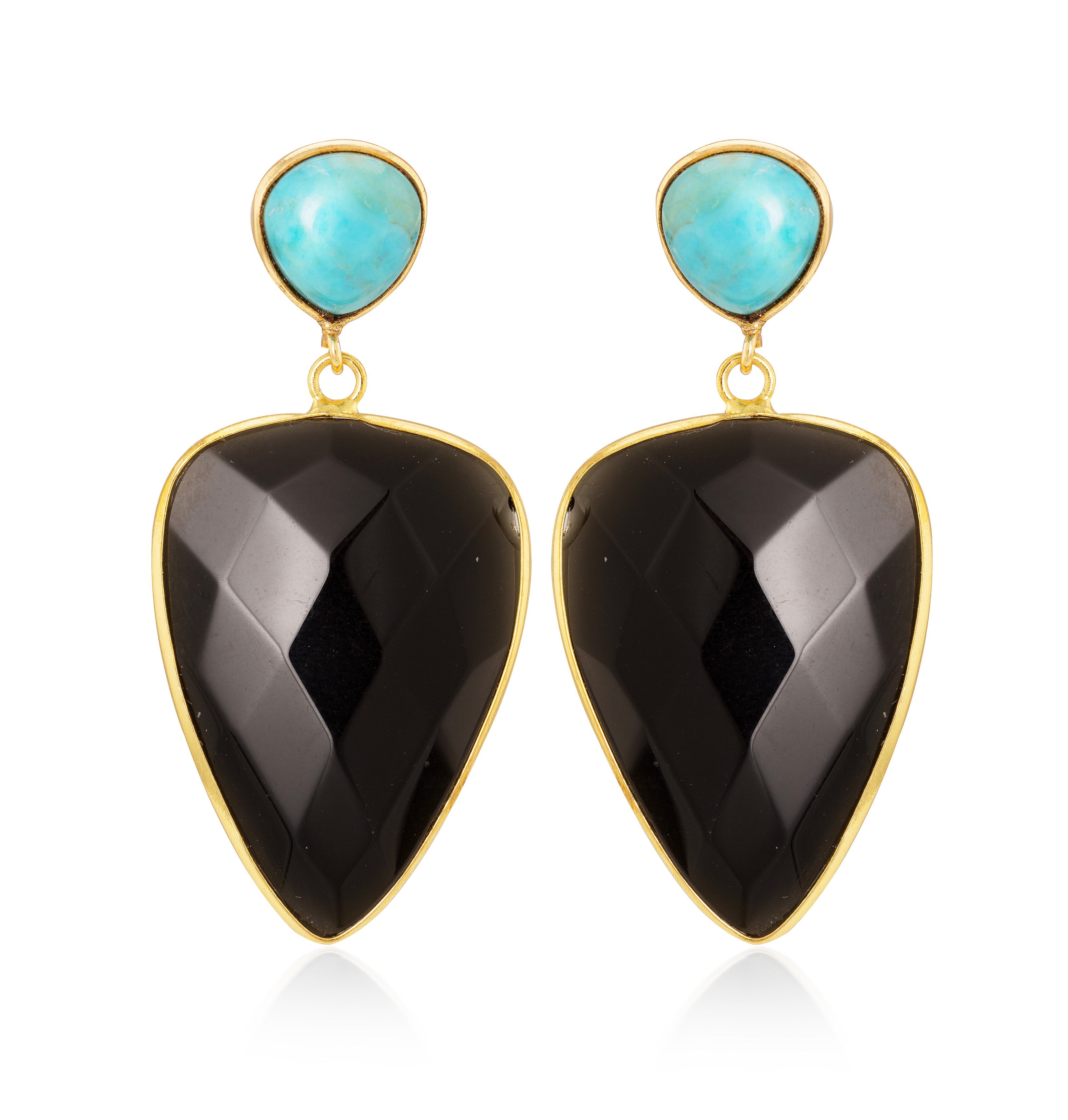 Aria-V Ani teardron shaped earrings hancrafyed with faceted black agate and heart shaped polished turquoise studs