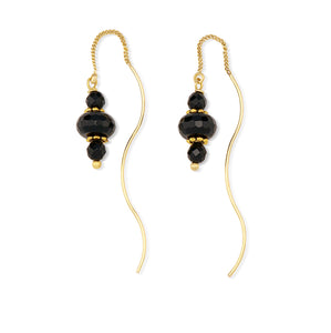 Aria-V Freia thread style earrings handcrafted with facted black agate stones set on brass 16k elcetroplated wires