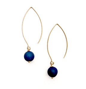 Aria-V Cali earrings, handcrafted with metallic navy polished quartz and 16k gold plated brass earwires
